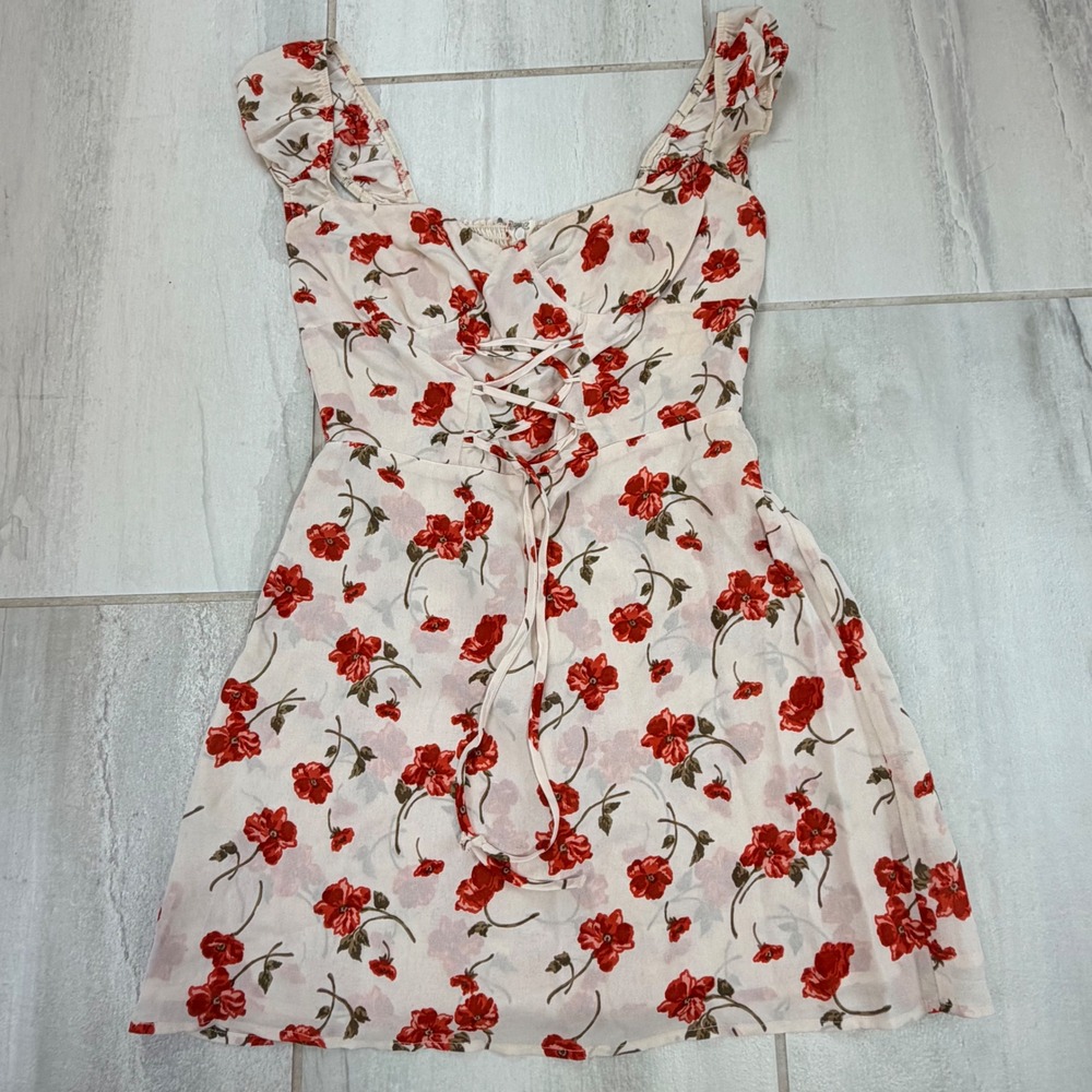 Reformation Splatter Floral Lace Up Mini Dress Red Cream Size 4